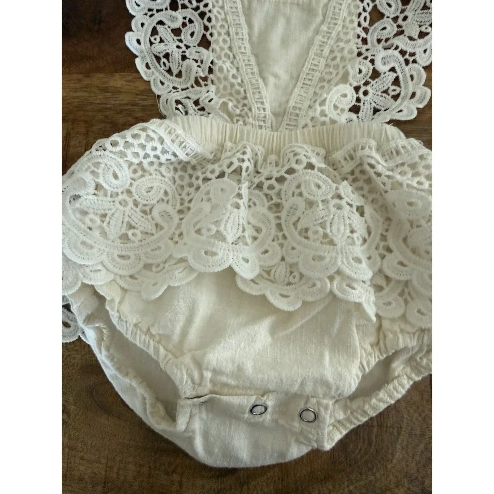 Baby Girl Boho Lace Romper Ivory Bubble Outfit Size 80 12‎ Months Photography